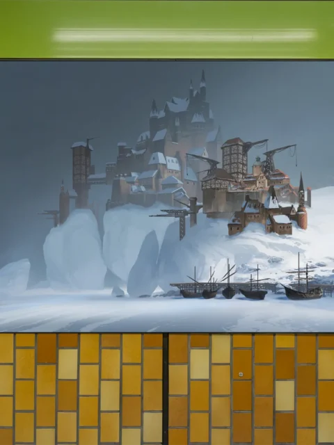 Cold-region fantasy settlement environment artwork