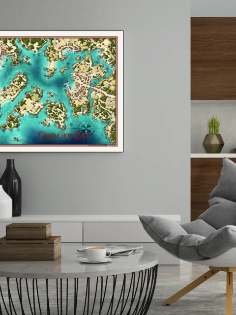 Cavalier Bay harbor town map showing islands and docks