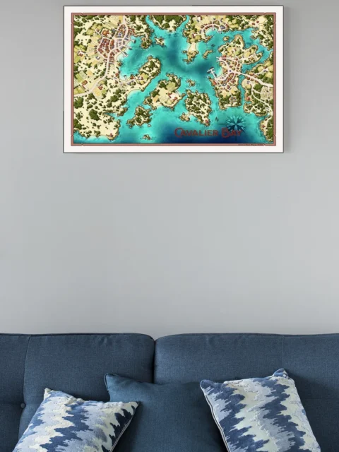 Illustrated coastal community seen from above