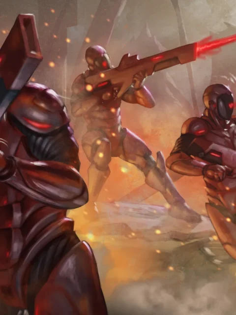 Futuristic soldiers advancing through fire and smoke