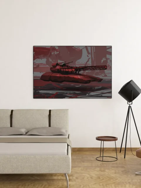 Sci-fi armored vehicle in red combat tones