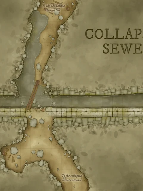 Close-up of the collapsed sewer map showing broken tunnels and debris