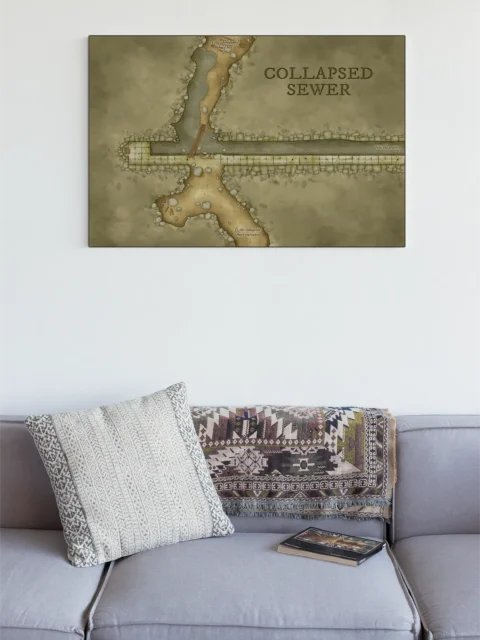 Collapsed Sewer encounter map on canvas displayed on wall