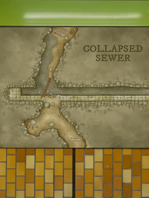 Top-down view of a ruined sewer passage for fantasy encounters