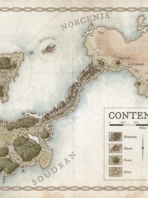 Fantasy world map of Contention showing divided islands and connected regions