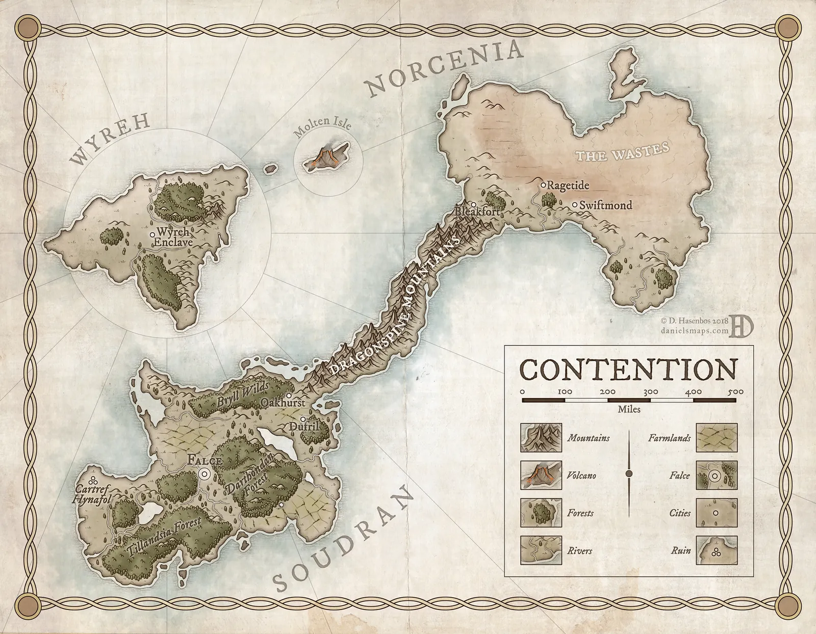 Fantasy world map of Contention showing divided islands and connected regions