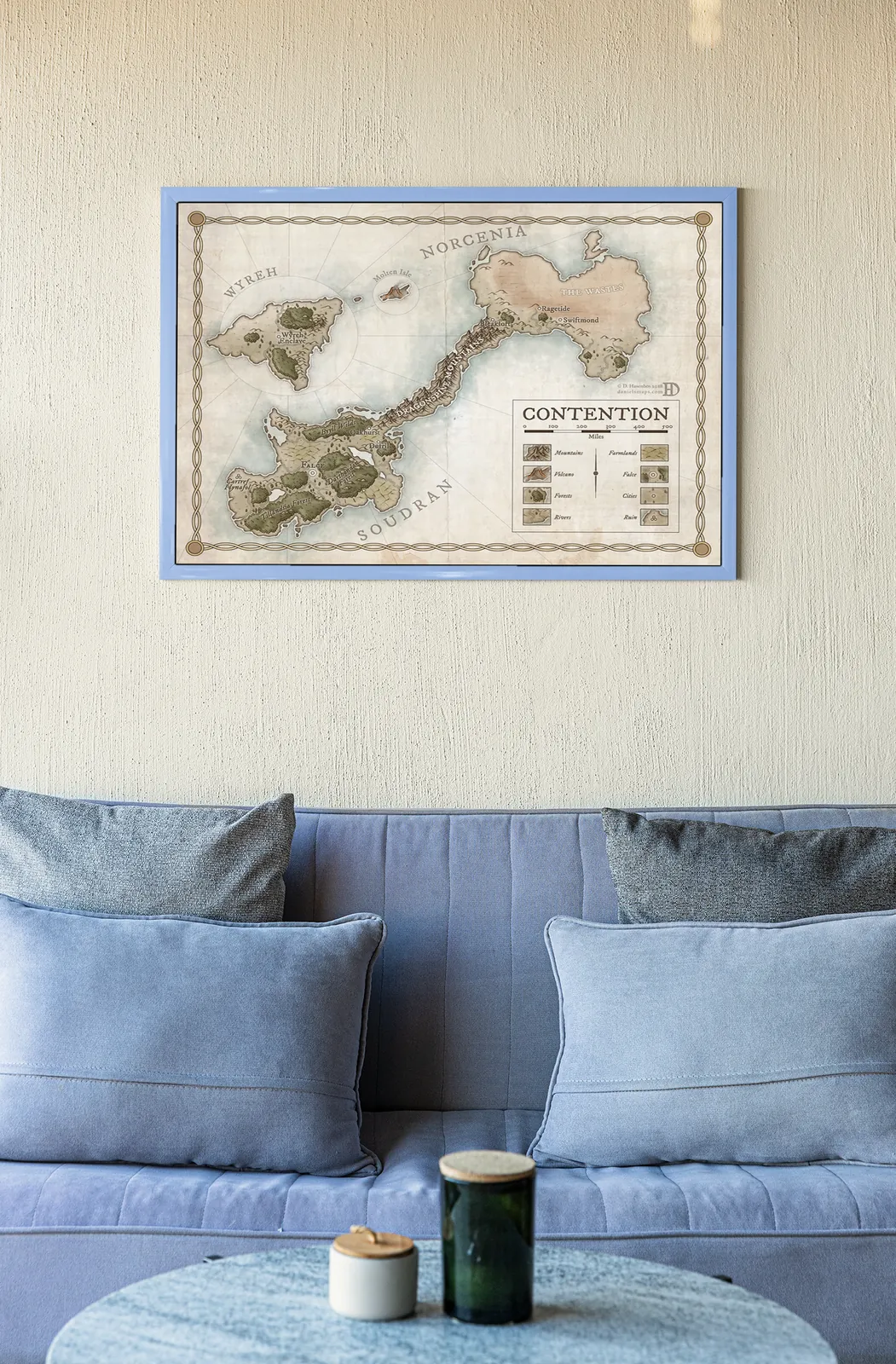 Top-down view of the Contention map with land bridges, seas, and mountains