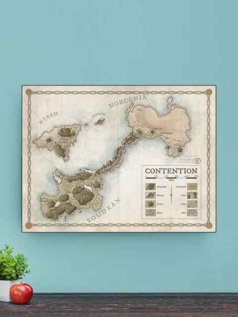World map of Contention highlighting regions separated by water and terrain