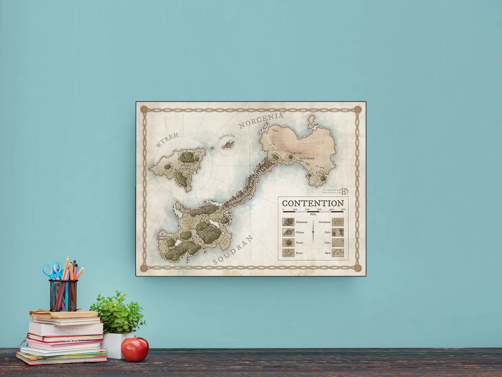 World map of Contention highlighting regions separated by water and terrain