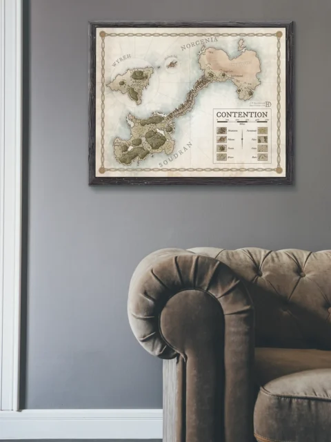 Detailed geography of the Contention world illustrated in fantasy cartography
