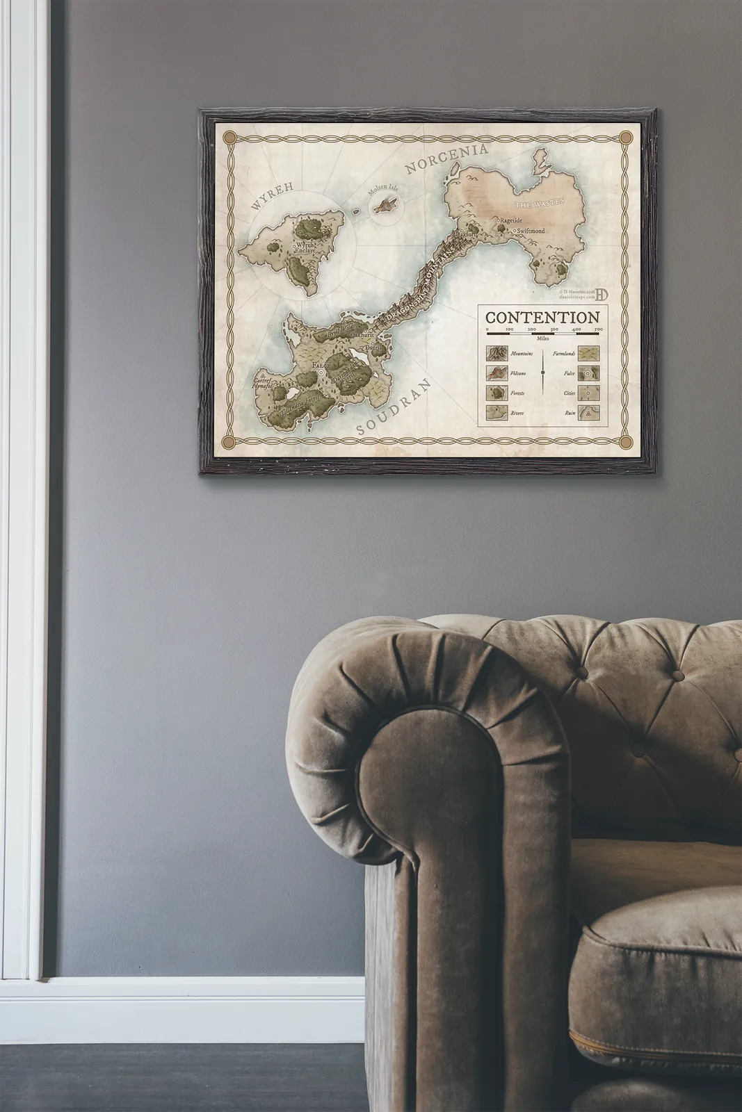 Detailed geography of the Contention world illustrated in fantasy cartography