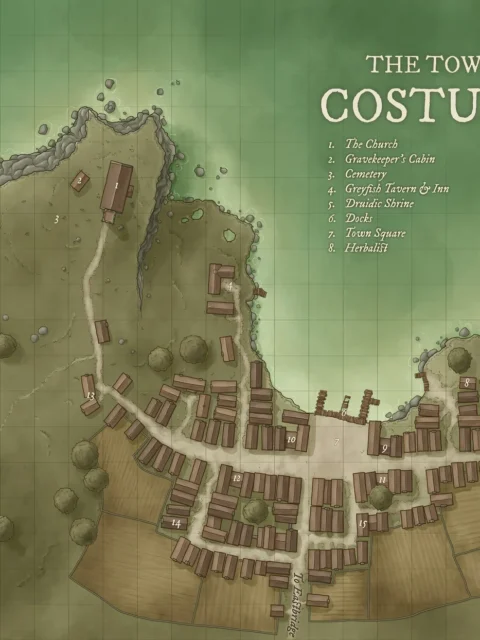 Fantasy town map of Costurch showing clustered buildings and surrounding fields