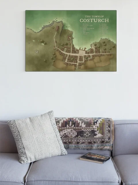 Top-down view of Costurch town with roads, homes, and coastal edge