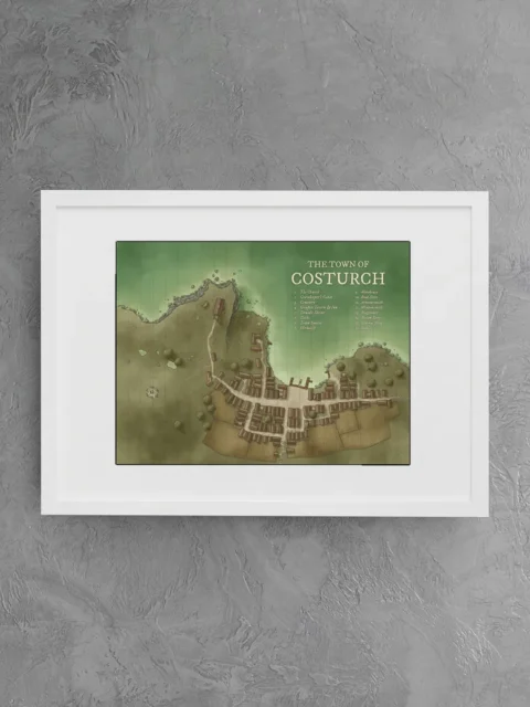 Coastal settlement of Costurch with farmland and docks in a fantasy map