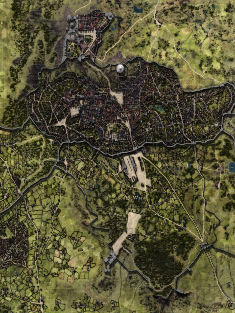 Stone walls and ordered districts of Critwall City in fantasy cartography