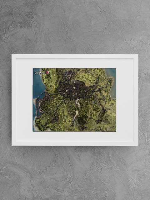 Detailed streets and walls of Critwall City in unlabeled fantasy cartography