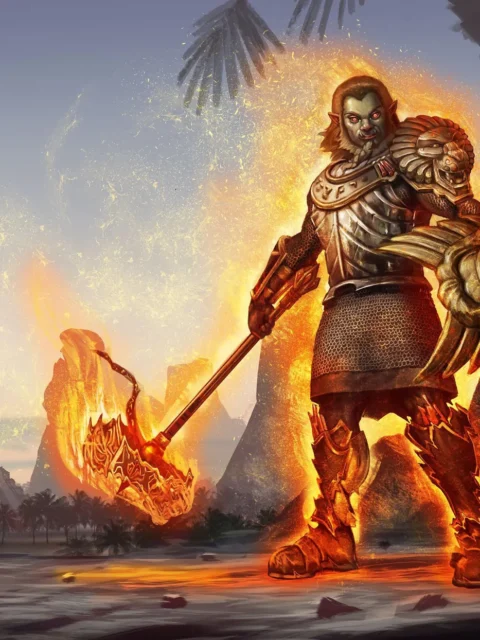Fire-wreathed warrior holding a blazing weapon
