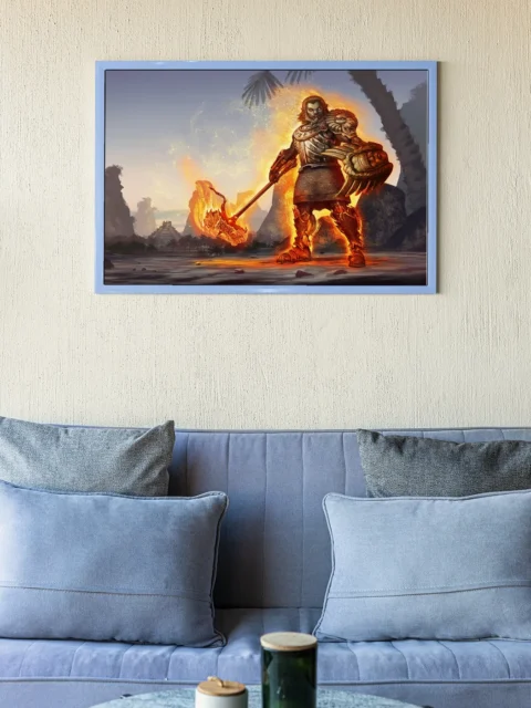 Fantasy champion surrounded by flames and embers