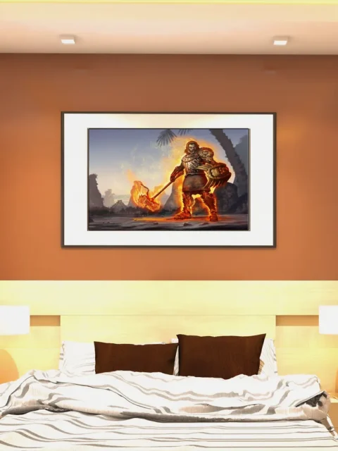 Armored hero standing amid scorched terrain