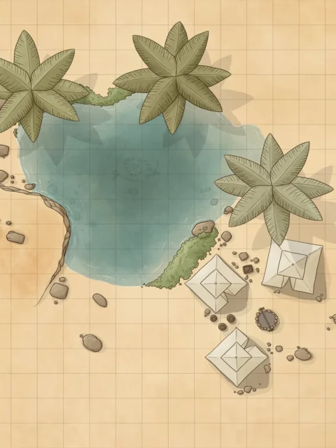 Top-down view of a desert oasis showing water, rocks, and small shelters