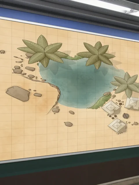 Fantasy desert oasis encounter map with a central pool and palm trees