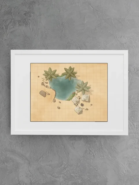 Encounter map of a desert oasis designed for travel and survival scenarios