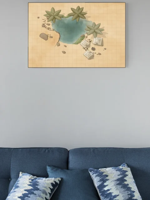 Desert encounter map featuring a rare water source and surrounding sand