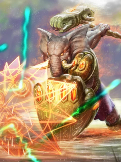 Tuskaar paladin charging with glowing shield runes