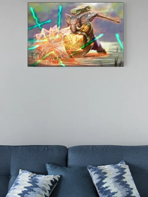 Elephant warrior bracing behind a radiant aegis