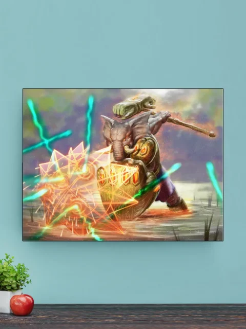 Fantasy shieldbearer surrounded by spell geometry