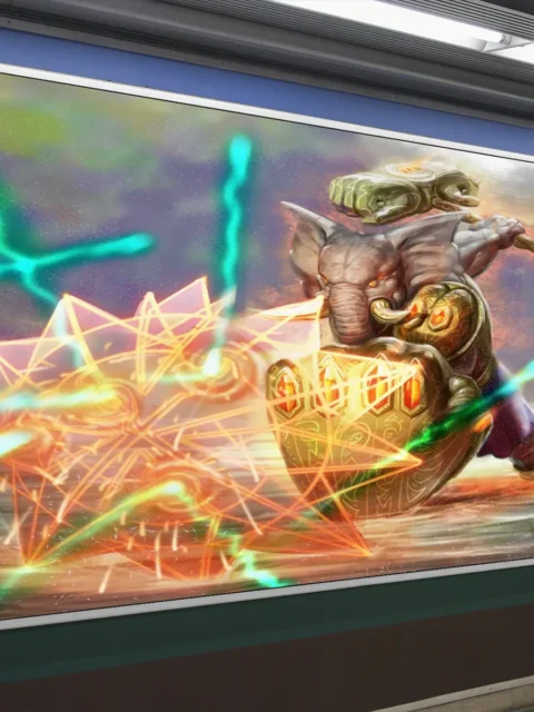 Armored champion advancing through arcane light