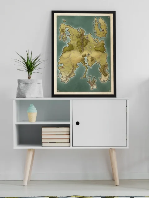 Top-down view of the Dinfera map with rivers, mountains, and cities