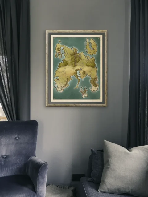 World map of Dinfera highlighting regions connected by land and sea