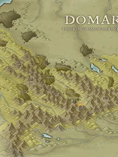 Top-down view of Domari highlighting peaks, rivers, and settlements