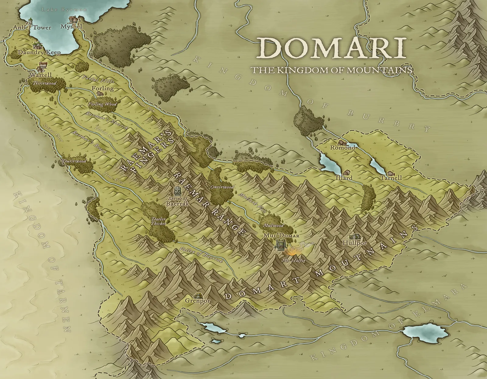 Top-down view of Domari highlighting peaks, rivers, and settlements