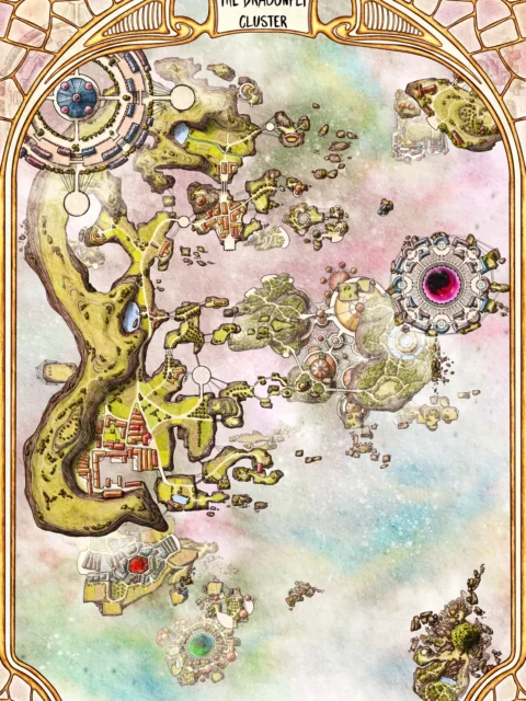 Dragonfly Cluster fantasy map illustration showing floating islands