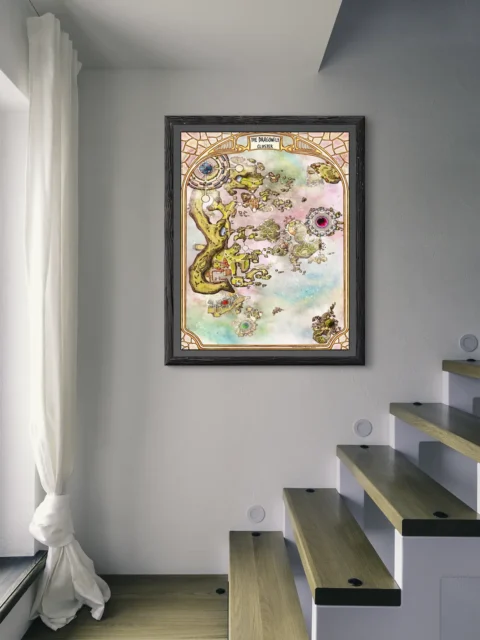 Overhead view of Dragonfly Cluster fantasy map illustration