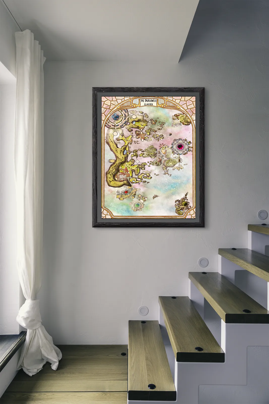Overhead view of Dragonfly Cluster fantasy map illustration