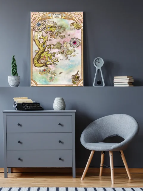 Detailed Dragonfly Cluster fantasy map illustration with arcane hubs