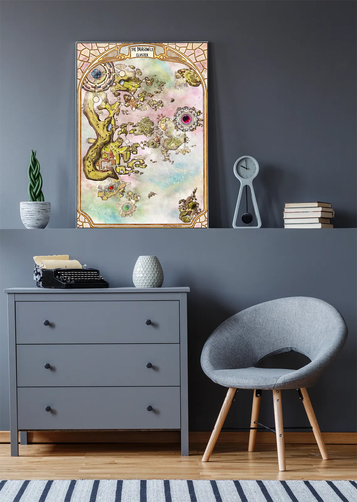 Detailed Dragonfly Cluster fantasy map illustration with arcane hubs