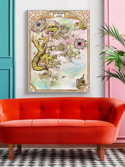 Illustrated floating landmasses connected by paths