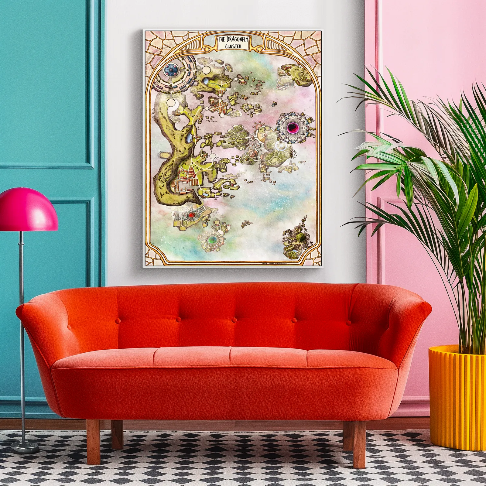 Illustrated floating landmasses connected by paths