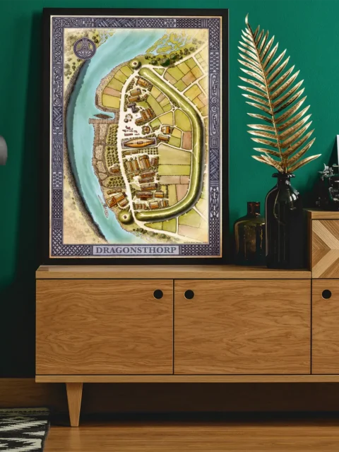 Overhead view of Dragonsthorp river bend settlement map