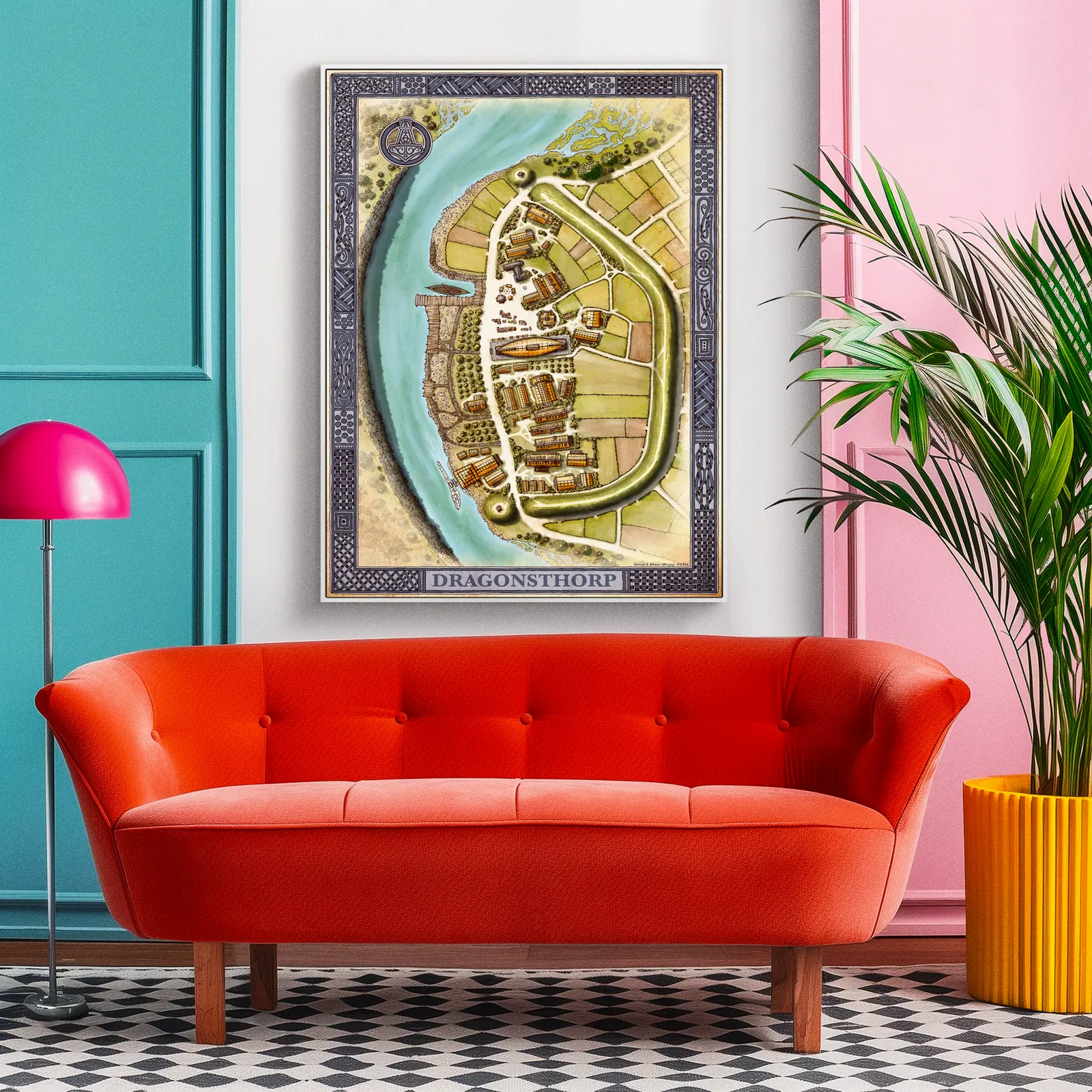 Detailed Dragonsthorp river bend settlement map with fields and walls