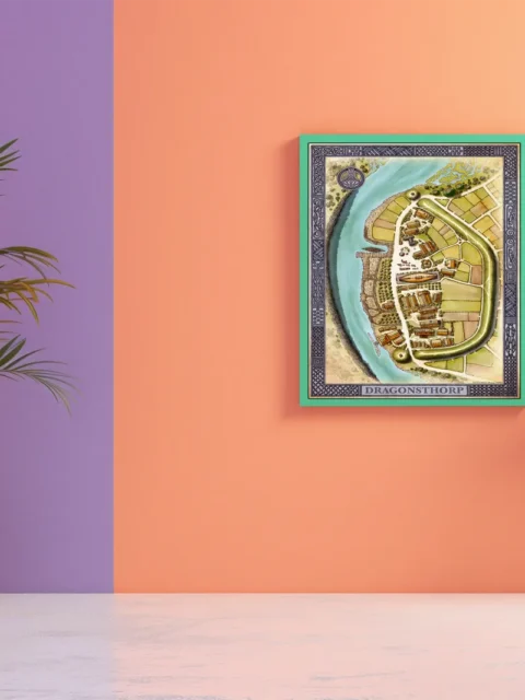 Illustrated fortified town beside a winding river