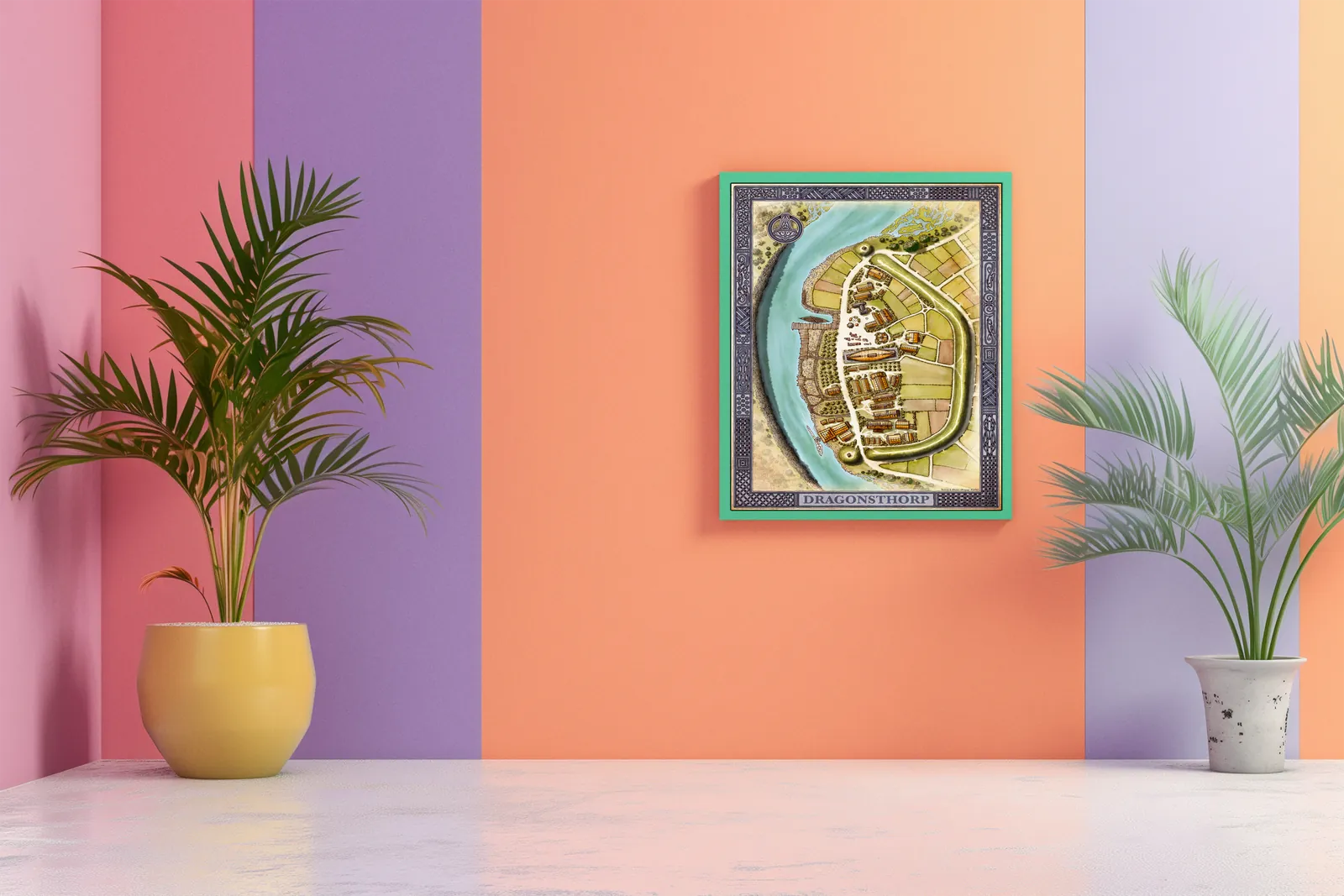 Illustrated fortified town beside a winding river