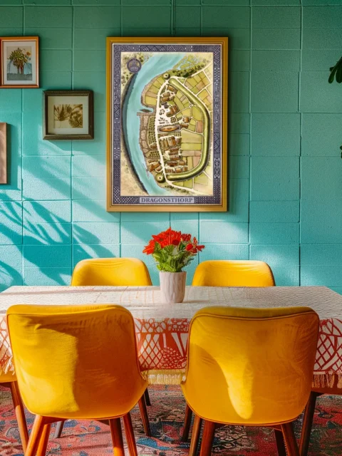 Top-down riverside settlement with roads and buildings