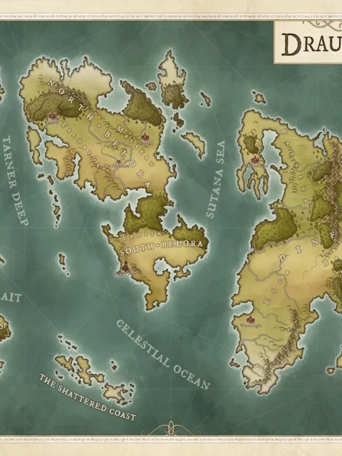 Draumeth fantasy map, Draumeth world map, Draumeth canvas map, Daniels Maps Draumeth, fantasy map of Draumeth