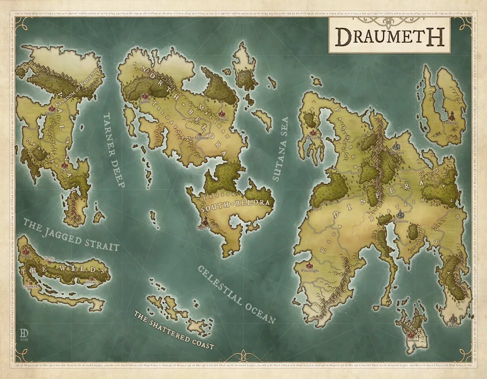 Draumeth fantasy map, Draumeth world map, Draumeth canvas map, Daniels Maps Draumeth, fantasy map of Draumeth