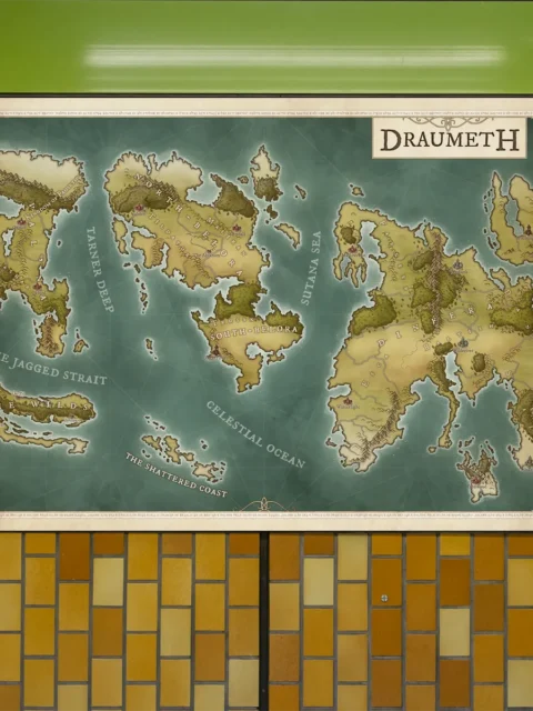 Fantasy world map of Draumeth showing multiple continents and oceans